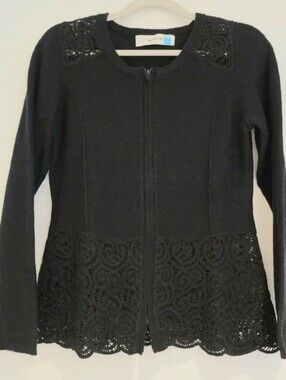 🌹 Marion Wool Blend Zip Cardigan Sweater With Lace Crochet Detail By Sparrow